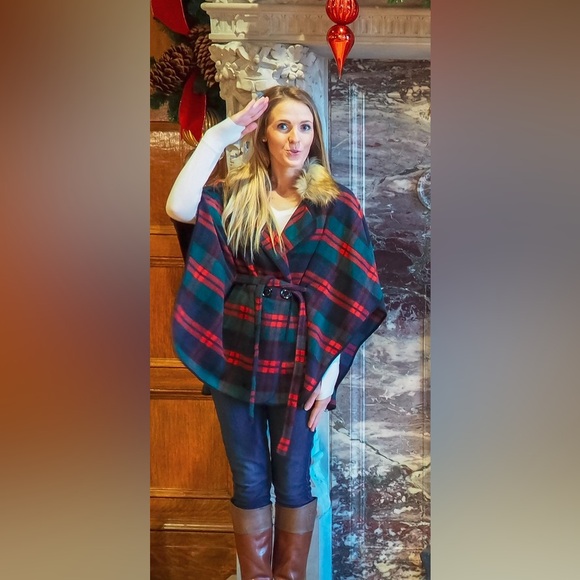 Peach Love Plaid Cape Poncho Faux Fur size Large - Picture 2 of 6